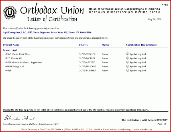 Orthox union letter of certication Agel products